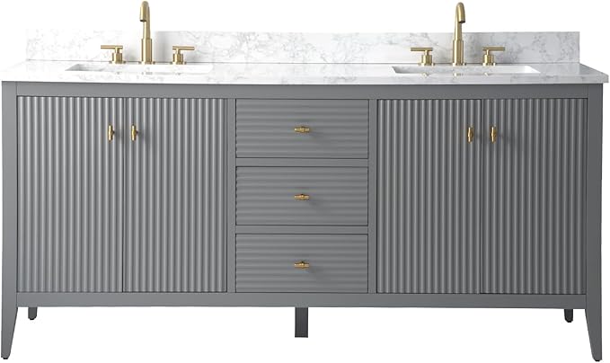 HOMEBEYOND 72" Bathroom Vanity with Double Sink, Solid Wood Bathroom Vanity Free-Standing Cabinet, Ceramic Top & Soft Closing Door, Golden Brushed Handware, Cashmere Gray