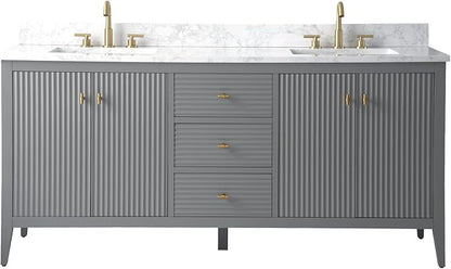 HOMEBEYOND 72" Bathroom Vanity with Double Sink, Solid Wood Bathroom Vanity Free-Standing Cabinet, Ceramic Top & Soft Closing Door, Golden Brushed Handware, Cashmere Gray