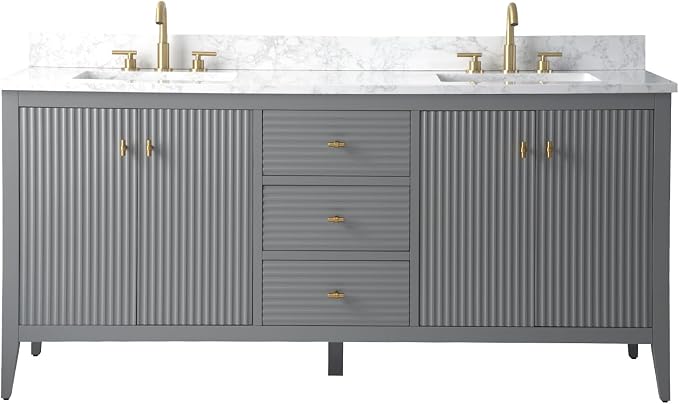 Vanity Art 72 inch Bathroom Vanity with Double Sink & Ceramic Top, Vanity Cabinet with Soft-Closing Door, Solid Wood Frame, Linear Pattern, Cashmere Gray, Golden Brushed Handware VA9172-DG-GB