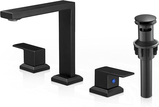 Matte Black Bathroom Sink Faucet 3 Hole, Brass 8 Inch Widespread Bathroom Faucet 2 Handle with Pre-Installed cUPC Supply Lines & Pop-up Drain for Vanity, Restroom, 10 Mins Quick Installation