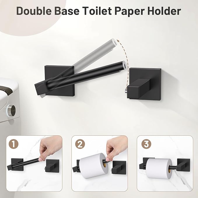 Lairuier Matte Black Bathroom Accessories, Towel Bar Set Wall Mounted | 5 Pieces Bathroom Hardware Set, SUS304 Stainless Steel Double Base 23.6" Towel Bar, Towel Ring, Toilet Paper Holder & Hooks