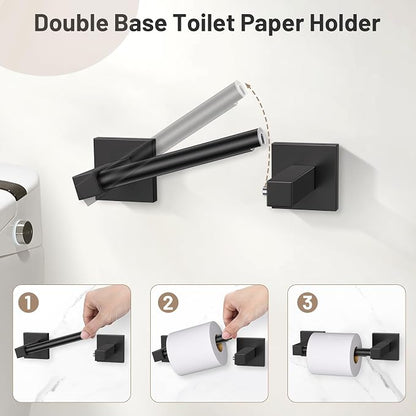 Lairuier Matte Black Bathroom Accessories, Towel Bar Set Wall Mounted | 5 Pieces Bathroom Hardware Set, SUS304 Stainless Steel Double Base 23.6" Towel Bar, Towel Ring, Toilet Paper Holder & Hooks