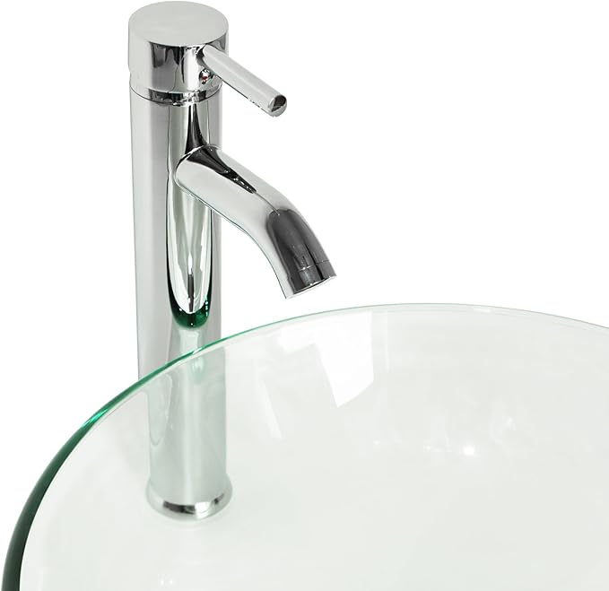 wonline Bathroom Round Tempered Clear Glass Vessel Sink Chrome Faucet & Pop-up Drain