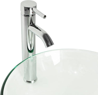 wonline Bathroom Round Tempered Clear Glass Vessel Sink Chrome Faucet & Pop-up Drain