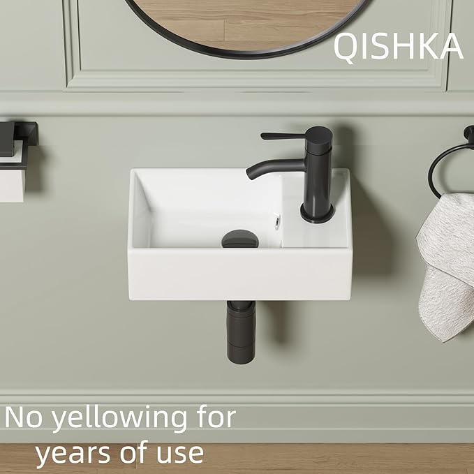 Small Wall Mount Bathroom Vessel Sink, QISHKA 15.6" X 8.6" Rectangular Floating Ceramic Wash Hand Basin- White Wall Hung Vanity Sink with Overflow for Small Bathroom (Right Hand)