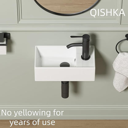 Small Wall Mount Bathroom Vessel Sink, QISHKA 15.6" X 8.6" Rectangular Floating Ceramic Wash Hand Basin- White Wall Hung Vanity Sink with Overflow for Small Bathroom (Right Hand)