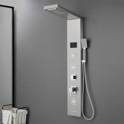 ROVOGO LED Rainfall Waterfall Shower Panel with 3 Body Jets, Handheld and Tub Spout, No Battery Needed Shower Tower with Temp Display, 304 Stainless Steel Brushed