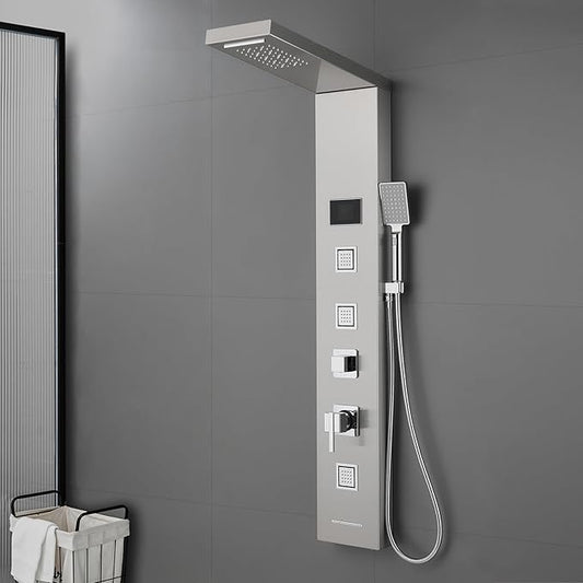 ROVOGO LED Rainfall Waterfall Shower Panel with 3 Body Jets, Handheld and Tub Spout, No Battery Needed Shower Tower with Temp Display, 304 Stainless Steel Brushed