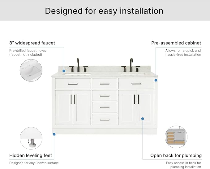 ARIEL Hepburn 60-inch Bathroom Vanity with Sink,Solid Wood, 0.75-inch Italian Carrara Marble Countertop, Double Rectangular Porcelain Sink, 4 Soft Closing Doors, 6 Dovetail Drawers, White