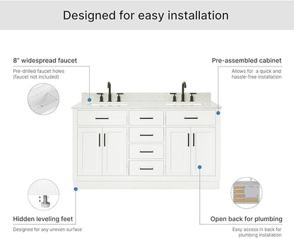 ARIEL Hepburn 60-inch Bathroom Vanity with Sink,Solid Wood, 0.75-inch Italian Carrara Marble Countertop, Double Rectangular Porcelain Sink, 4 Soft Closing Doors, 6 Dovetail Drawers, White