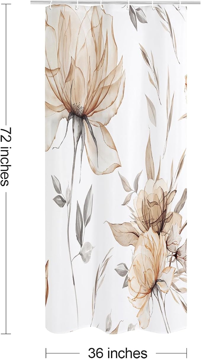Light Brown Floral Shower Curtain, Watercolor Botanical Design, 36 x 72 | Boho Floral Design, Watercolor Ink Painting Style, Botanical Flowers & Leaves, Elegant Bathroom Accent, Fabric Cloth Curtain