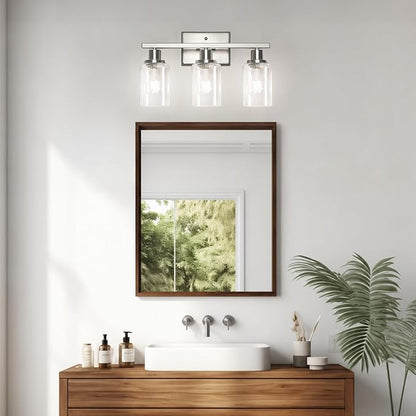 Ascher Bathroom Light Fixtures, 3 Light Vanity Light with LED Bulbs Included, Brushed Nickel Wall Sconces with Clear Glass Shades for Mirror, Kitchen, Living Room, Hallway, Cabinet