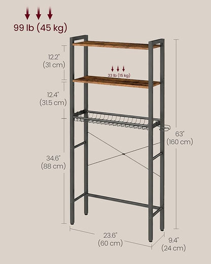 VASAGLE Over the Toilet Storage, Over Toilet Bathroom Organizer with Adjustable Shelves and Basket, 3 Hooks, Space Saving, 9.4 x 23.6 x 63 Inches, Rustic Brown UBTS113KD01S