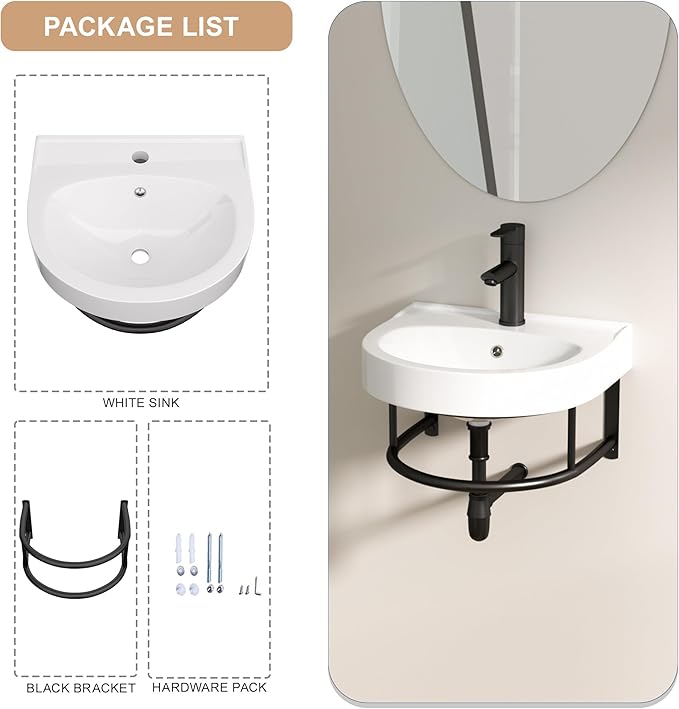 Logmey 16 Inch Wall Mount Bathroom Sink 16"x14" Floating Sink White Porcelain Ceramic Wall Hung Vessel Sink Wash Hand Basin with Bracket