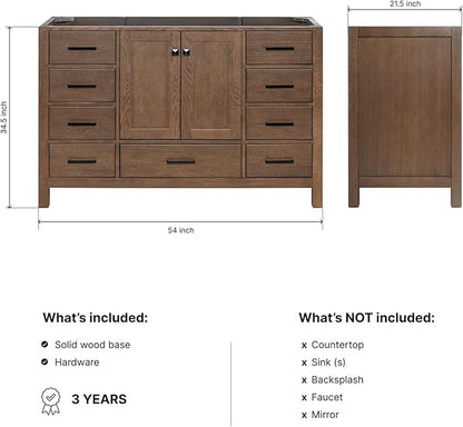 ARIEL Cambridge 54-inch Bathroom Vanity Base Cabinet,Solid Wood, 2 Soft Closing Doors, 9 Dovetail Drawers, Brown Oak