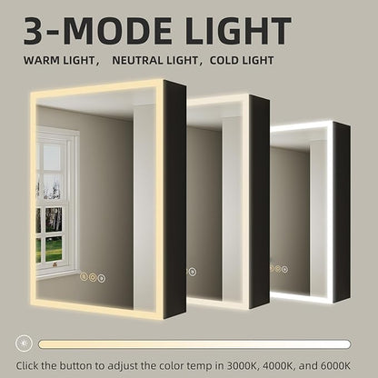 Buruis 24 x 30 Inch Medicine Cabinet with LED Lights and Mirror, Recessed/Wall Mounted Bathroom Cabinet, 3-Color Light, Defogger, Memory Function, Outlet & USB, Dimmer, Black