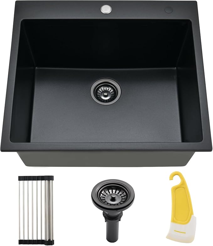 25 Inch Quartz Drop In Kitchen Sink | 25x22 Inch Black Granite Composite Quartz Drop In Utility Outdoor Sink Topmount Single Bowl Kitchen Sink with Rubber Squeegee
