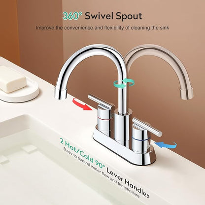 Faustina Polished Chrome Bathroom Faucet, 4 Inch Centerset Bathroom Faucet for Sink 2 Holes 3 Holes，Two Handles 304 Stainless Steel Faucet with Pup up Drain and 2 Water Supply Lines for RV Vanity