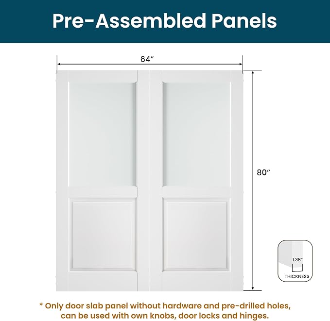 SMARTSTANDARD 64" x 80" Frosted Glass Interior Door Slab, Solid Core | Pre-Assembled French Slab Door for Pantry Laundry Closet Bathroom, without Hardware, White Primed, Paintable Surface