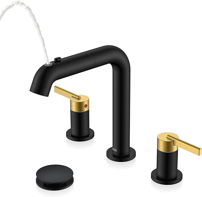 KENES Black and Gold Pull Out Widespread Bathroom Faucet 3 Hole, 8 Inch 2 Handle Bathroom Sink Faucet with Pull Out Sprayer, Vanity Faucet with Pop Up Drain & Supply Lines LJ-9058A-BG
