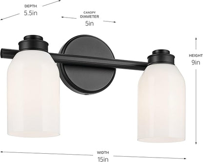 Kichler Shae 15" 2-Light Vanity Light with White Opal Glass in Black, for Bathroom Vanity, Powder Room, Over a Mirror, (15" W x 9" H), 55201BK