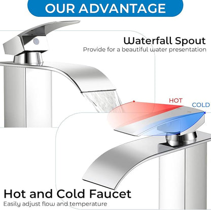 Chrome Tall Waterfall Bathroom Faucet for Vessel Sink with Drain | SUS 304 Stainless Steel, Single Handle, 1 Hole Sink, Tall Spout, Vessel Sink, Pop-Up Drain, Supply Hoses, NSF372 NSF61 cUPC
