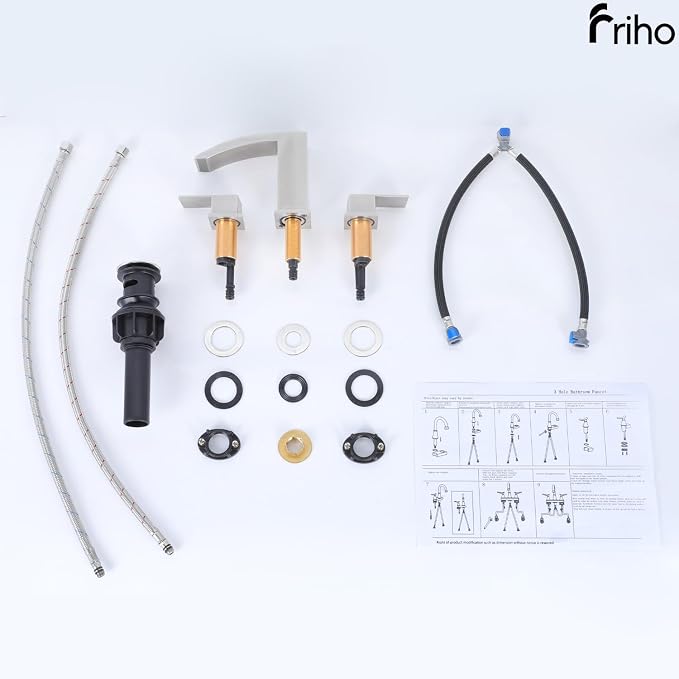 Friho Widespread Bathroom Sink Faucet 3 Hole Brushed Nickel, 2 Handles Waterfall Bathroom Faucet with Pop Up Drain and Supply Lines, FRDC17808L