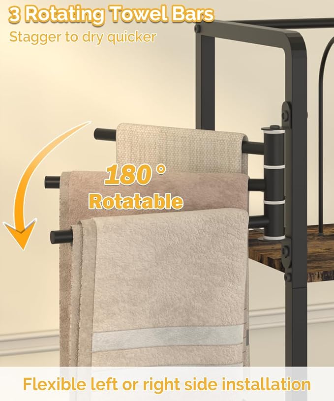 Mondazie Towel Racks for Bathroom Storage Shelves Free Standing, Black | 3-Tier Bathroom Towel Rack with 3 Rotating Bars, Pool Towel Holder Stand with Detachable Dividers & 8 Hooks for Poolside