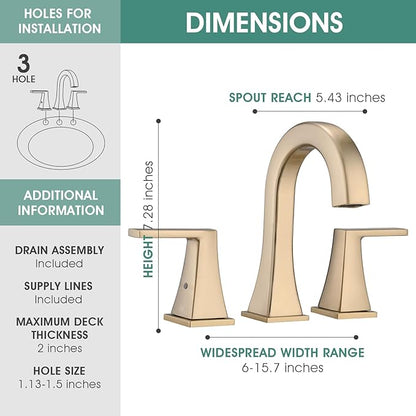 Bathroom Faucets for Sink, 2 Handle Widespread Bathroom Sink Faucet, 3 Hole Modern Stainless Steel Faucet with Pop-up Drain and Water Supply Lines, Brushed Golden