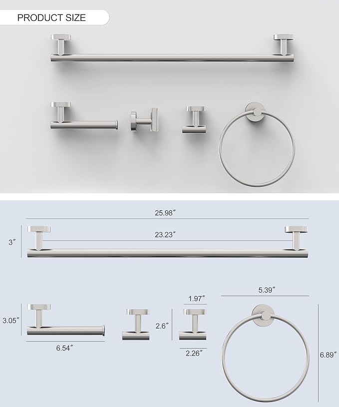 Brushed Nickel Bathroom Hardware Accessories Set 5 Pcs | SUS304 Stainless Steel 26 Inch Hand Towel Bar Toilet Paper Holder Towel Ring Robe Towel Hooks Wall Mounted by HOMEMYSTIQUE