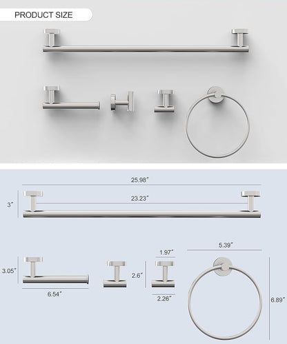 Brushed Nickel Bathroom Hardware Accessories Set 5 Pcs | SUS304 Stainless Steel 26 Inch Hand Towel Bar Toilet Paper Holder Towel Ring Robe Towel Hooks Wall Mounted by HOMEMYSTIQUE