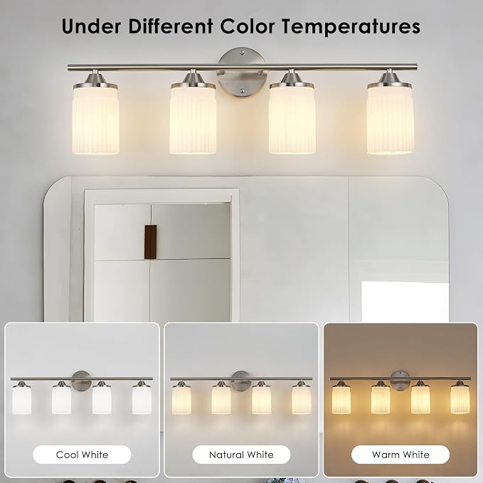 Jonsi Nickel Bathroom Light Fixtures 4-Light Vanity Lights Modern Wall Sconce with Milk White Shade Brushed Nickel Bathroom Light Fixture Over Mirror for Bedroom Hallway Kitchen