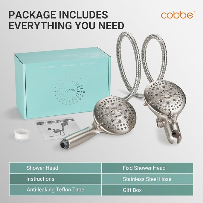 Cobbe® Dual Shower Head Combo, Handheld & Fixed, Brushed Nickel | Two Full-Size Shower Heads, 59'' Stainless Steel Hose, Water Saving with 3-Way Water Diverter, Tool-Free Installation