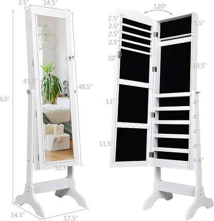 Giantex Jewelry Cabinet Armoire Lockable with Mirror, Standing Full Length Mirror with Jewelry Cabinet, 3 Adjustable Angles, Jewelry Organizer Storage Box Birthday Christmas Gifts (White)