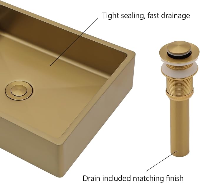 Lordear Stainless Steel Vessel Sink 16"x12" Gold Bathroom Vanity Sink | Gold Bathroom Vanity Sink Rectangular Above Couter Art Basin 4'' deep