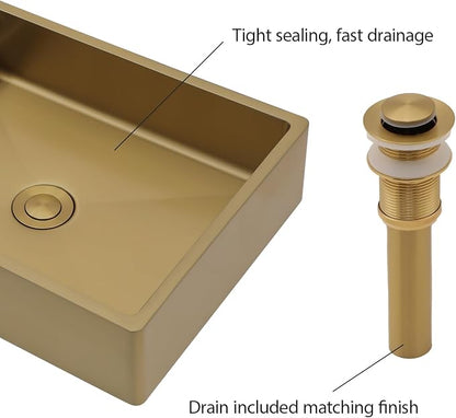 Lordear Stainless Steel Vessel Sink 16"x12" Gold Bathroom Vanity Sink | Gold Bathroom Vanity Sink Rectangular Above Couter Art Basin 4'' deep