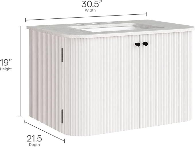 Modway Zia 30 Inch Wall-Mount Bathroom Vanity in Ivory with Marble Sink Basin - Floating Bathroom Cabinet with Fluted Design