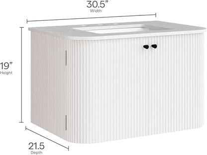 Modway Zia 30 Inch Wall-Mount Bathroom Vanity in Ivory with Marble Sink Basin - Floating Bathroom Cabinet with Fluted Design