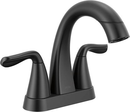 Delta Arvo Centerset Matte Black Bathroom Faucet with Sprayer, 4 Inch 3 Hole Bathroom Sink Faucet with Pull Out Sprayer, Push-Pop Drain, Matte Black 25840LF-BLPD