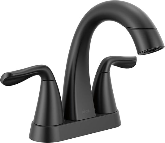 Delta Arvo Centerset Matte Black Bathroom Faucet with Sprayer, 4 Inch 3 Hole Bathroom Sink Faucet with Pull Out Sprayer, Push-Pop Drain, Matte Black 25840LF-BLPD