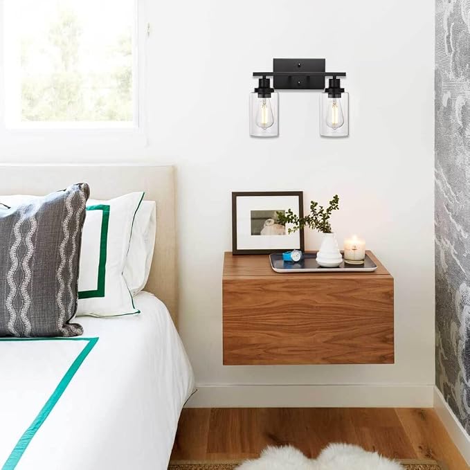 MELUCEE 2-Light Black Wall Sconce Industrial Vintage with Clear Glass Shade | Bathroom Vanity Lights Hallway Light Fixture Sconces Wall Lighting (Patent No.: US D963914 S)