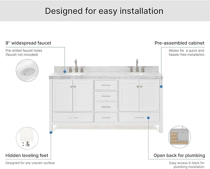 ARIEL Cambridge 72-inch Bathroom Vanity with Sink,Solid Wood, 2-inch Italian Carrara Marble Countertop & Backsplash, Double Oval Porcelain Sink, 4 Soft Closing Doors, 6 Dovetail Drawers, White