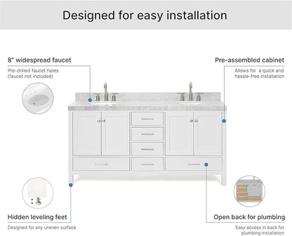 ARIEL Cambridge 72-inch Bathroom Vanity with Sink,Solid Wood, 2-inch Italian Carrara Marble Countertop & Backsplash, Double Oval Porcelain Sink, 4 Soft Closing Doors, 6 Dovetail Drawers, White