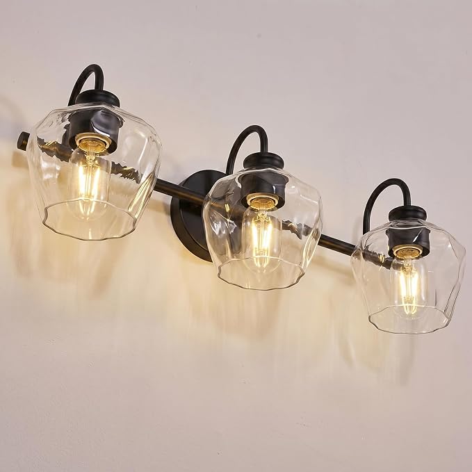 Matte Black Vanity Light, 3 Light Bathroom Light Fixtures with Clear Diamond-Shape Hammered Glass, Black Vintage Ripple Wall Lights for Hallway, Bedroom, Anti-Rust, E26 Base (No Bulbs)