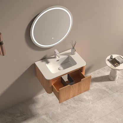 30'' Floating Bathroom Vanity with Sink, Wall Mounted Modern Bathroom Cabinet W/Curved Edges Stripes, Oak & Plywood, Pre-Assembled with Integrated Ceramic Basin – Havana, Natural Oak