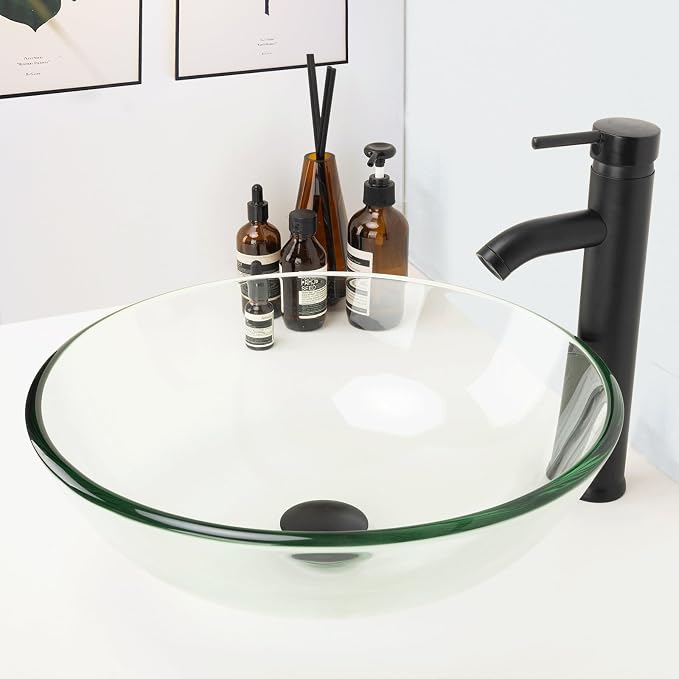 Design Vessel Sink Bathroom Sink above counter Small Vessel Sink Bathroom Sink Bowl Countertop Modern Sinks with faucet and drain combo 16.5" Round Transparent New