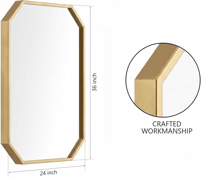 24x36 Inch Octagon Mirror for Bathroom Gold Wall Mirror Rectangle Mirror | Gold Bathroom Mirror Metal Frame Wall Mirror Decorative Rustic Accent Vanity Mirror Hanging for Over Sink Entryway
