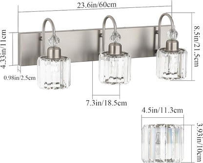 Ralbay Brushed Nickel Vanity Light for Bathroom Crystal 3-Light Modern Bathroom Light Fixtures