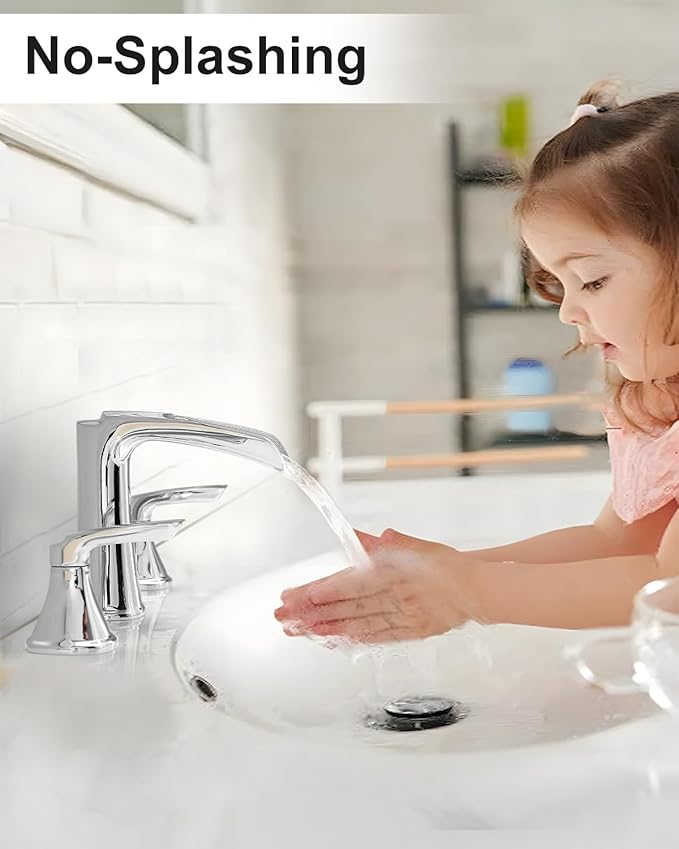 Fapully Chrome Bathroom Faucet 3 Hole, Waterfall 8 Inch Widespread Bathroom Sink Faucet with Pop-up Drain, Two-Handle Faucets for Bathroom Sink