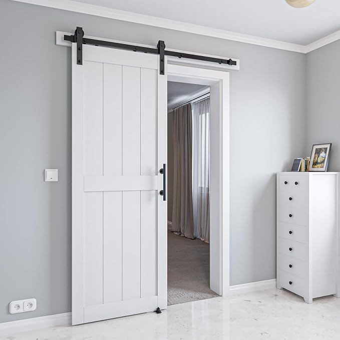 30in x 96in White MDF Sliding Barn Door, Pre-Drilled Holes Easy Assembly | 5ft Barn Door Hardware Kit & Handle Include, Solid Barn Door Slab Covered with Water-Proof PVC Surface, H-Frame